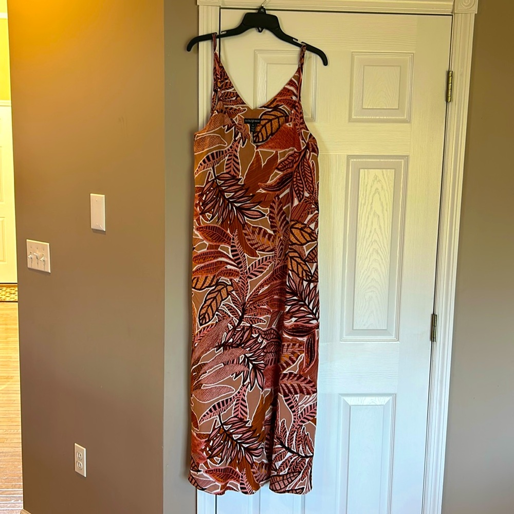 Tribal Femme maxi dress, adjustable straps, large, rust/orange/pink/tan flowers
